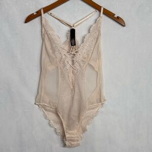 Victoria's Secret Sheer Lace Intimate Bodysuit Pink Flesh Cream Size XS